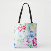 Geschilderde kinderen hand prints op wit tote bag (Voorkant)