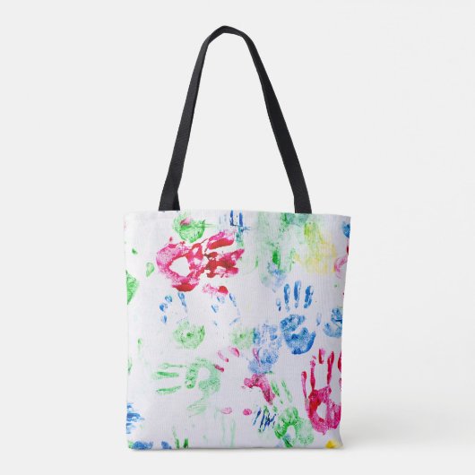 Geschilderde kinderen hand prints op wit tote bag (Achterkant)