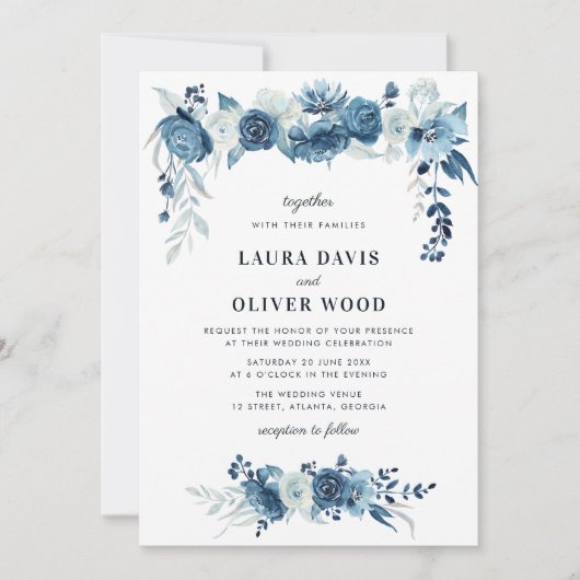 Geschilderde maanlicht blauw bloemenbruiloft uitno kaart (Voorkant)