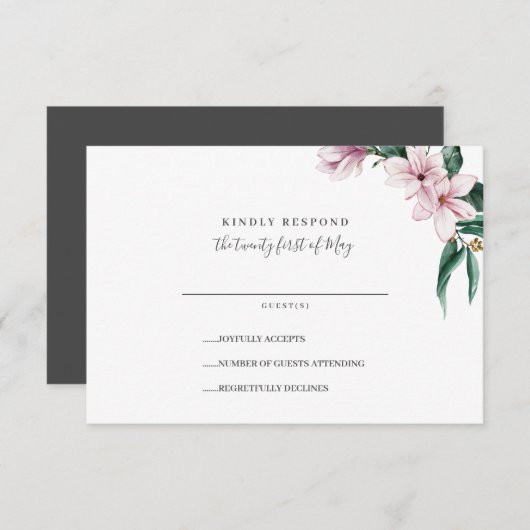 Geschilderde Magnolia en bladeren | Grijs | Bruilo RSVP Kaartje (Voorkant / Achterkant)