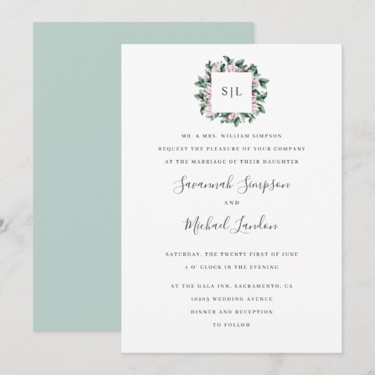 Geschilderde Magnolia Eucalyptus salie monogram tr Kaart (Voorkant / Achterkant)