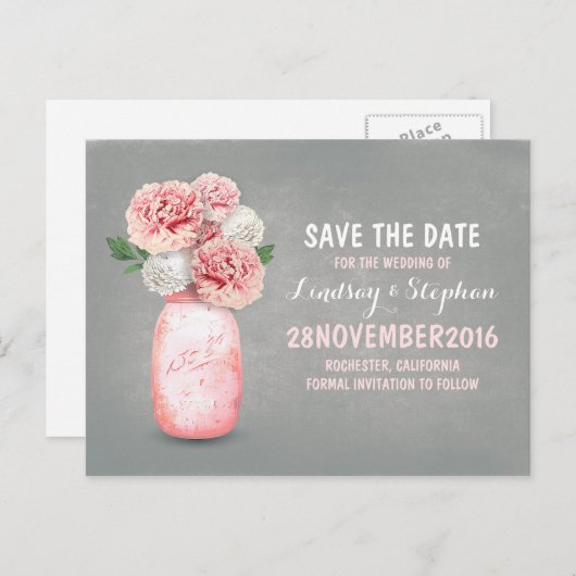 Geschilderde metselaarpot en roze bloemen bewaren  aankondigingskaart (Voorkant / Achterkant)