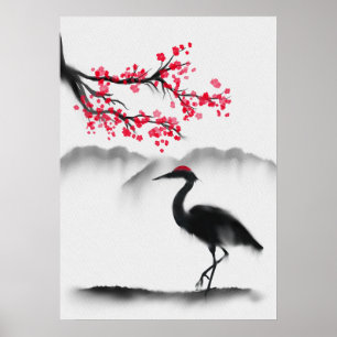 Geschilderde muurkunst met Sakura en Heron Poster