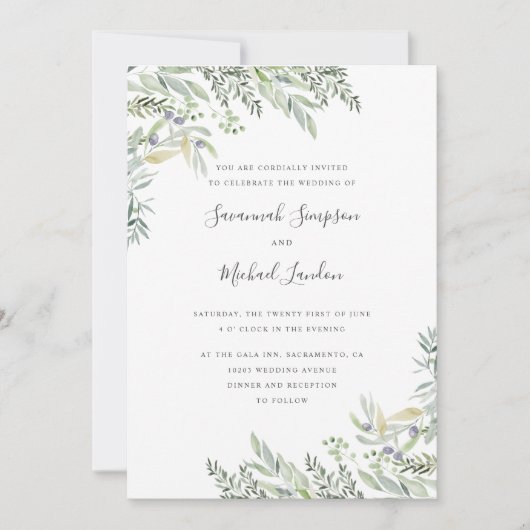 Geschilderde olijven en bladeren waterverf bruilof kaart (Voorkant)