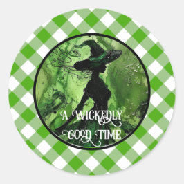 Geschilderde ondeugend goede heks groen geruit ronde sticker