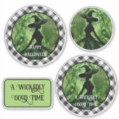 Geschilderde ondeugend goede heks Zwart Gingham Pl Sticker (Voorkant)