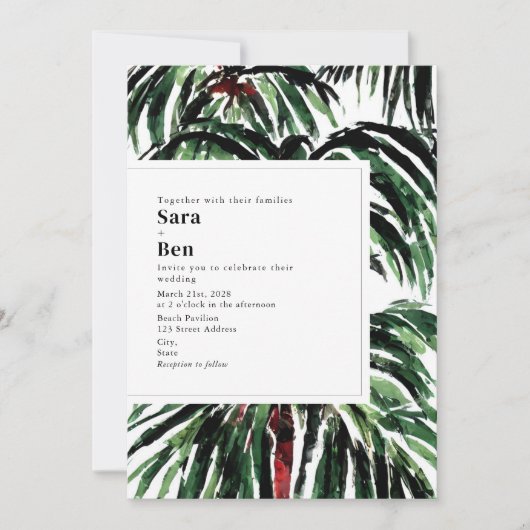 Geschilderde palm Trees Beach Wedding Invitation Kaart (Voorkant)