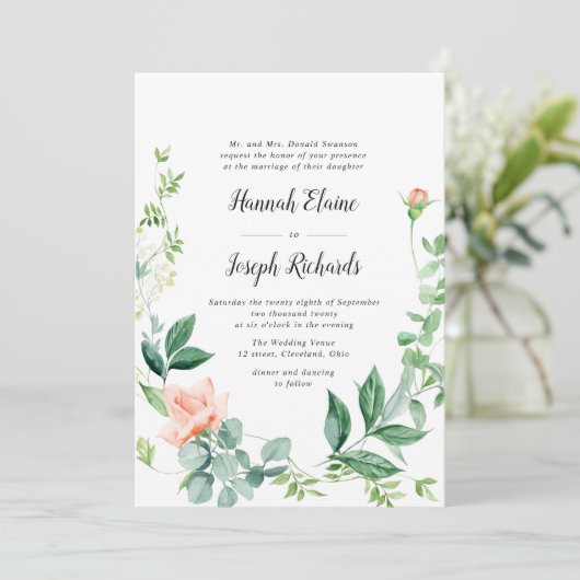 Geschilderde perzik bloemengroen bruiloft kaart (Staand voorkant)