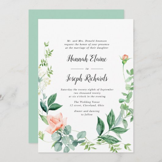 Geschilderde perzik bloemengroen bruiloft kaart (Voorkant / Achterkant)