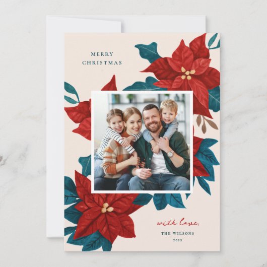 Geschilderde Poinsettias Kerstmis Foto Feestdagenkaart (Voorkant)