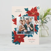 Geschilderde Poinsettias Kerstmis Foto Feestdagenkaart (Staand voorkant)