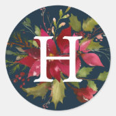 Geschilderde Poinsettia's | Kerstmonogram Ronde Sticker (Voorkant)
