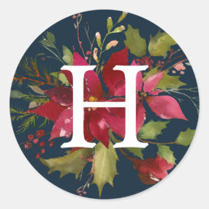 Geschilderde Poinsettias Vakantie op monogram Ronde Sticker
