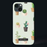Geschilderde potten met vetplanten en cactussen pa iPhone 13 hoesje<br><div class="desc">Schattige en modern iPad mini-hoesje met cactussen en vetplanten in beschilderde hartenpotten met een muntachtergrond. Dit gepersonaliseerde hoesje is ideaal als cadeau. Soortgelijke design zijn beschikbaar.</div>