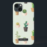 Geschilderde potten met vetplanten en cactussen pa iPhone 13 hoesje<br><div class="desc">Schattige en modern iPad mini-hoesje met cactussen en vetplanten in beschilderde hartenpotten met een muntachtergrond. Dit gepersonaliseerde hoesje is ideaal als cadeau. Soortgelijke design zijn beschikbaar.</div>