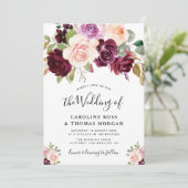 geschilderde pruim paarse rozen trouw uitnodiging (Staand voorkant)
