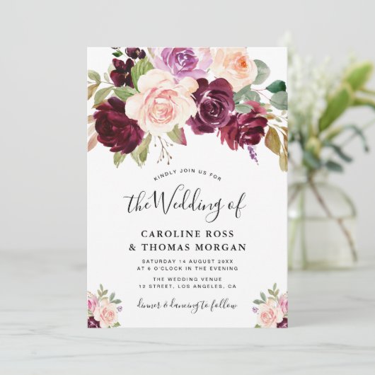 geschilderde pruim paarse rozen trouw uitnodiging (Staand voorkant)