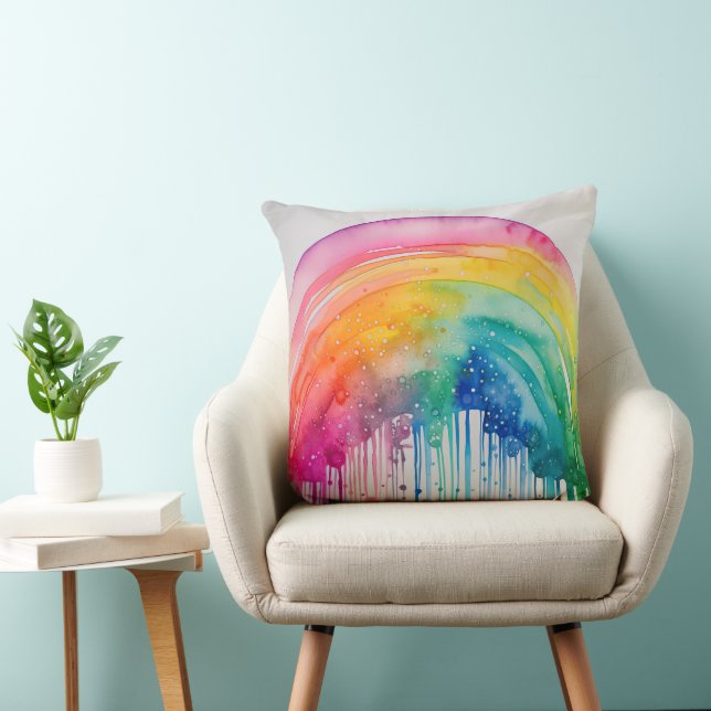 Geschilderde regenboog aquarel verf druppels Abstr Kussen (Stoel)