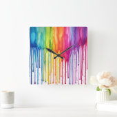 Geschilderde regenboog aquarel verf druppels Abstr Vierkante Klok (Huis)