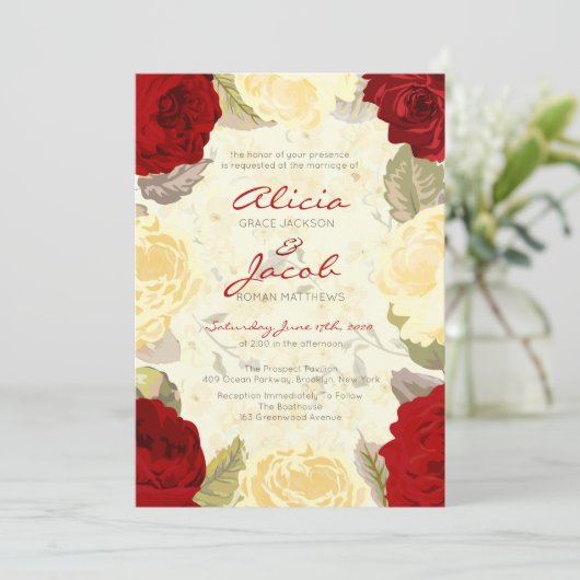 Geschilderde rode rozen bruiloft uitnodiging (Staand voorkant)