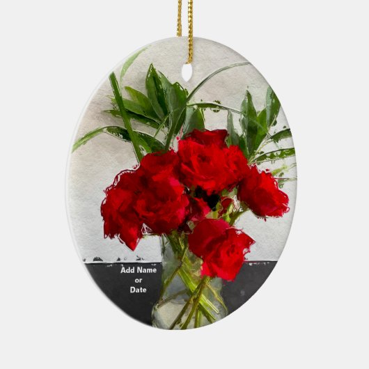 Geschilderde rode rozen op zwarte en witte achterg keramisch ornament (Rechts)