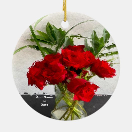 Geschilderde rode rozen op zwarte en witte achterg keramisch ornament (Achterkant)