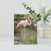Geschilderde Roze Flamingo In Vijver, Verjaardagsa Briefkaart (Staand voorkant)