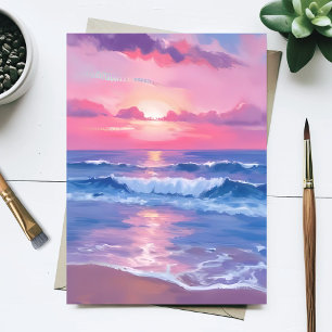 Geschilderde Roze Oceaan   Kust Waterverf Pastel Briefkaart
