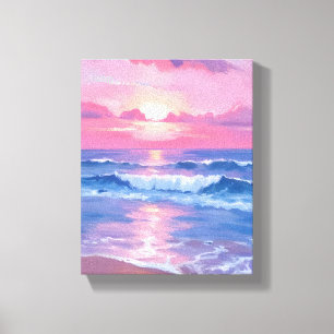 Geschilderde Roze Oceaan   Kust Waterverf Pastel Canvas Afdruk