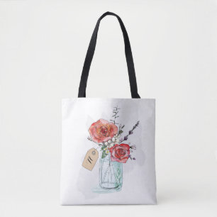 Geschilderde rozen in Mason Jar bloemmonogram Tote Bag