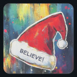 Geschilderde Santa Hat op feestelijke avond achter Vierkante Sticker<br><div class="desc">Schattige Santa hat sticker is ideaal voor het verzegelen van kerstkoekjesdozen van geschenkpakketten - vooral Secret Santa! Het zal ook geweldig werken voor enveloppen en herinneringen overal waar de kerstman kijkt of dat de kerstman hier was!</div>