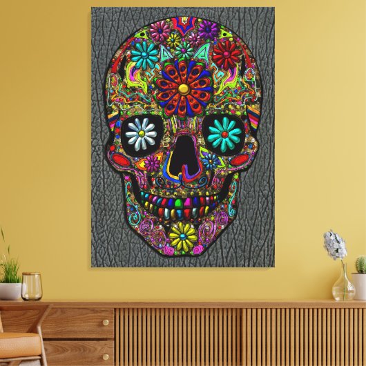 Geschilderde schedel Floral Art op Faux Shark Skin Canvas Afdruk (Insitu (Woonkamer))