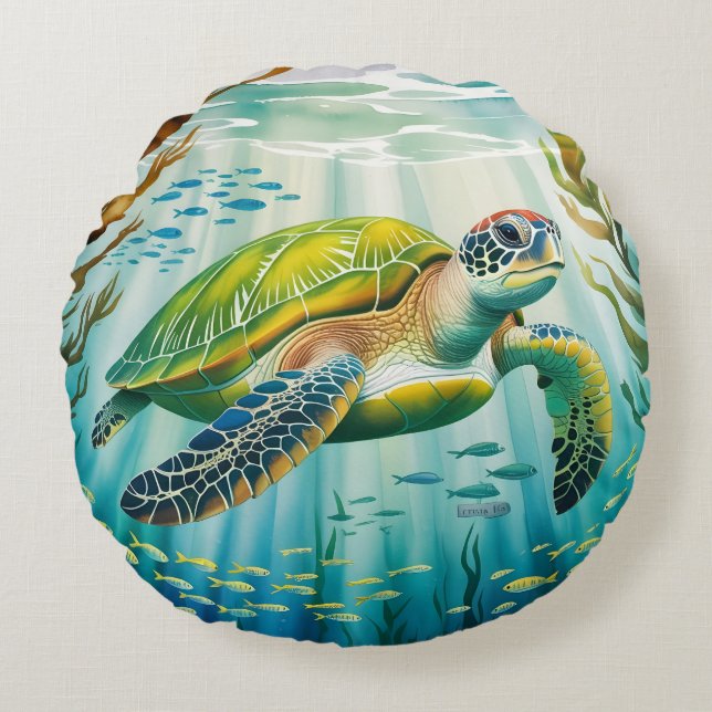 Geschilderde Schildpad Rond Kussen (Voorkant)