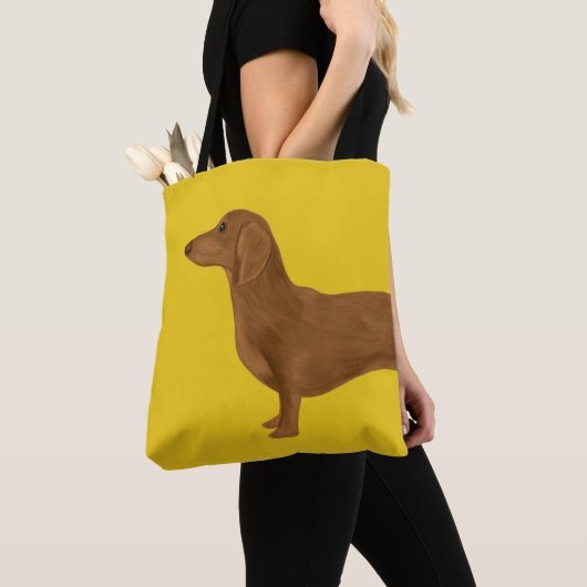 Geschilderde teckel op geel tote bag (Dichtbij)