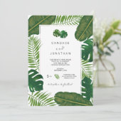 Geschilderde tropische bladeren strand bruiloft kaart (Staand voorkant)