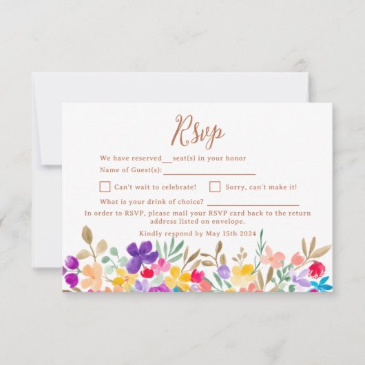 Geschilderde tuin wilde bloemen script bruiloft RSVP kaartje (Voorkant)