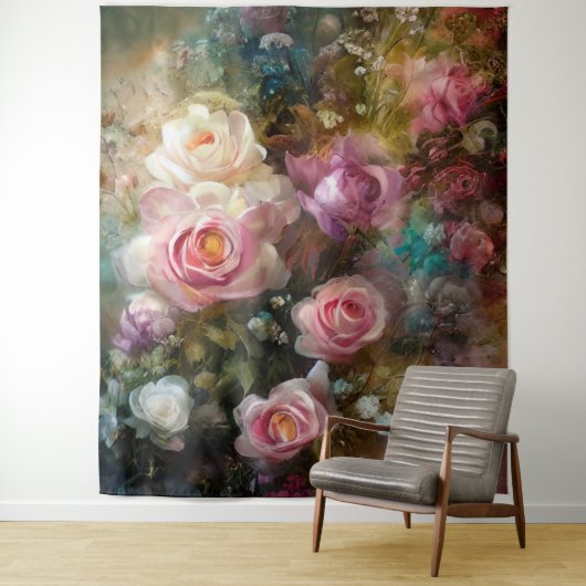Geschilderde vintage zachte witte en roze rozen wandkleed (In situ)