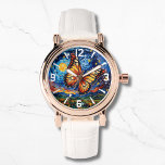 Geschilderde Vlinder Sterrennacht Sky Elegant Vrou Horloge<br><div class="desc">Geschilderde Vlinder Sterrennacht Sky Elegant Womans Watches beschikt over een trendy kleurrijke geschilderde vlinder met de maan en sterretjes op de achtergrond. Creëer door Evco Studio www.zazzle.com/store/evcostudio</div>