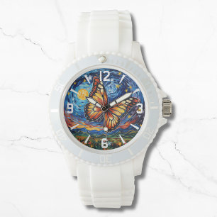 Geschilderde Vlinder Sterrennacht Sky Elegant Vrou Horloge