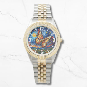 Geschilderde Vlinder Sterrennacht Sky Elegant Vrou Horloge