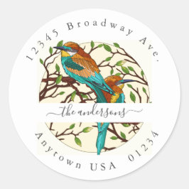 Geschilderde vogels; retouradres envelopzegel ronde sticker
