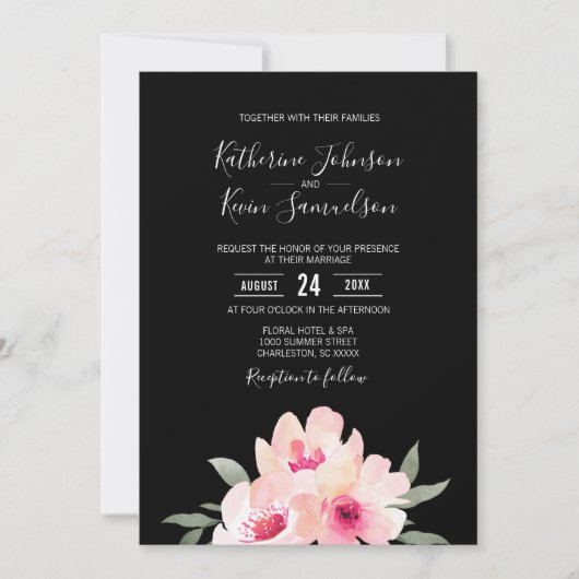 Geschilderde Waterverf Blush Roze Zwart Bloemen Br Kaart (Voorkant)