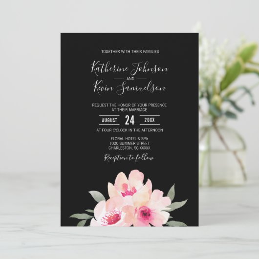 Geschilderde Waterverf Blush Roze Zwart Bloemen Br Kaart (Staand voorkant)