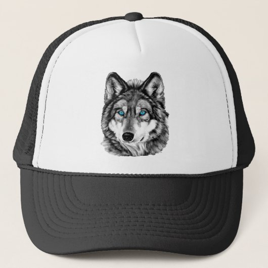 Geschilderde Wolf Grayscale Blue Eyes Trucker Pet (Voorkant)