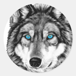 Geschilderde Wolf Grijswaarden Blauwe Ogen Ronde Sticker
