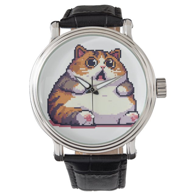 Geschokte oranje dikke kat meme pixel art horloge (Voorkant)