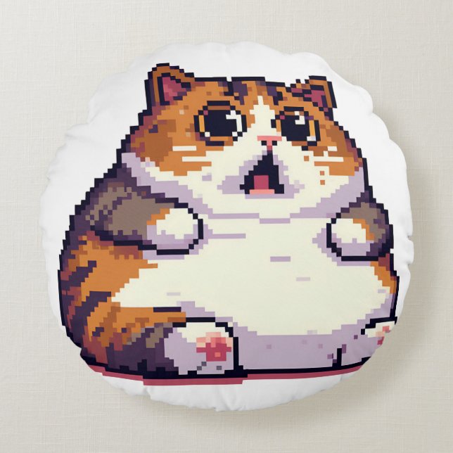 Geschokte oranje dikke kat meme pixel art rond kussen (Voorkant)