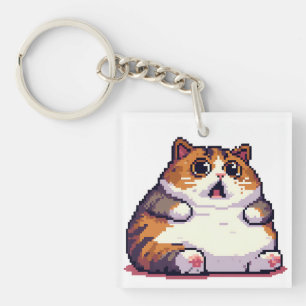 Geschokte oranje dikke kat meme pixel art sleutelhanger
