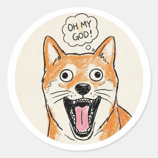 Geschokte Shiba Inu "OH MY GOD" - Surprise Meme Ronde Sticker (Voorkant)