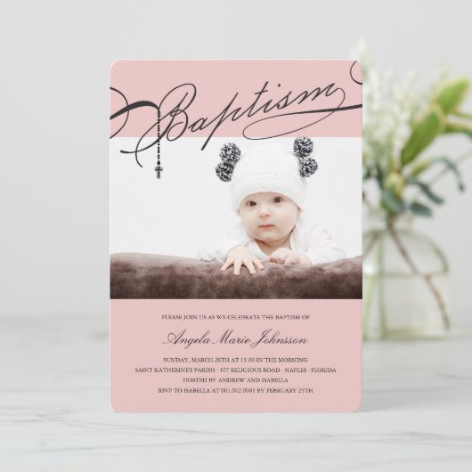 Geschreven doopsel Rozenkrans Kruis Meisje Roze Fo Kaart (Staand voorkant)